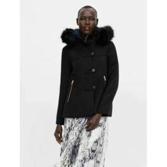 zara black coat fur hood